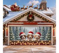 Housse de porte de garage de Noël avec des chiots en bonnet de Père Noël | Thème chiot, bannière de porte de garage, paysage de forêt d'hiver, chapeaux de Père Noël, attrait saisonnier