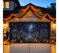 Housse de porte de garage effrayante pour cimetière Halloween 397 x 180 cm | Paysage nocturne effrayant, décorations de porte de garage, accents de lanterne, affichage saisonnier extérieur