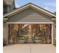 Housse de porte de garage en forêt d'automne, scène rustique de pont de cabane - Grande décoration de porte de garage - Décoration d'intérieur et d'extérieur d'automne - 397 x 180 cm