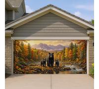 Housse de porte de garage en forme d'ours, nature, faune, arbres, montagnes, automne, marron, décoration d'intérieur pour jardin, terrasse, extérieur, intérieur, toile de fond de fête, 400 x 180 cm