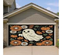 Housse de porte de garage fantôme, citrouilles festives fantaisie, fleur, Halloween, toile de fond orange pour porte de garage, décoration d'intérieur pour cour, extérieur, fête, toile de fond 397 x