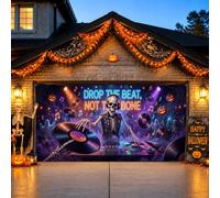 Housse de porte de garage Halloween 398,8 x 180,3 cm avec citation de | Thème musical, toile de fond de porte de garage, personnage DJ, disques vinyle, éclairage de scène, atmosphère de fête