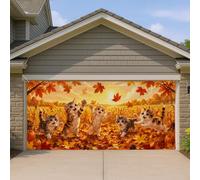 Housse de porte de garage motif chatons, feuilles de nature, soleil, automne, orange, décoration d'intérieur pour cour, extérieur, toile de fond de fête, 400 x 180 cm
