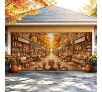 Housse de porte de garage motif citrouilles scène de marché des récoltes | Scène de marché d'automne, bannière de porte de garage, thème festival de récolte, paysage forestier d'automne