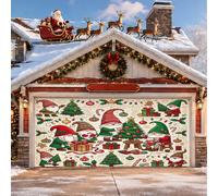 Housse de porte de garage motif nain de Noël 397 x 180 cm | Illustrations de nains festifs, bannière de porte de garage, accents de cadeau de vacances, motifs d'arbre à feuilles