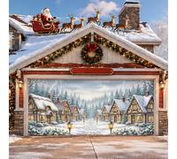 Housse de porte de garage Paysage de village d'hiver 398,8 x 180,3 cm | Paysage de village d'hiver, décorations de porte de garage, chalets enneigés, toile de fond de forêt froide