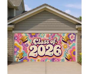 Housse de porte de garage pour remise de diplôme, motif floral coloré avec capuchons, décoration extérieure pour fête de e 2026, événements de printemps et d'été, 397 x 180 cm