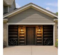 Housse de porte de garage rustique en bois avec lanterne en bois vintage - Grande décoration de garage - Décoration de ferme extérieure pour les vacances d'automne et d'hiver - 397 x 180 cm