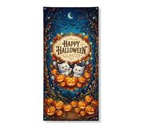 Housse de porte décorative en forme de citrouilles - Motif chat et lune - Orange - Avec corde à suspendre - Décoration d'intérieur pour porte, porche, terrasse, intérieur et extérieur - 91,4 x 183 cm