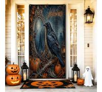 Housse de porte décorative en forme de corbeau - Citrouilles effrayantes - Miroir d'Halloween - Noir avec corde à suspendre - Décoration d'intérieur pour porte, entrée, porche, intérieur et extérieur