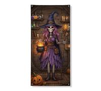 Housse de porte décorative motif squelette - Chapeau de sorcière effrayant - Chaudron d'Halloween - Violet - Avec corde - Décoration d'intérieur pour porte, entrée, porche, intérieur et extérieur