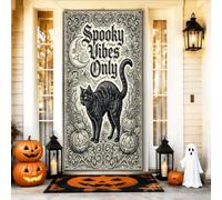 Housse de porte d'Halloween avec citation de chat effrayant 91,4 x 183 cm | Rouleau victorien, bannière de porche, croissant de lune, motifs citrouilles sculptées, atmosphère gothique
