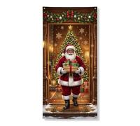 Housse de porte Père Noël noire 91,4 x 182,9 cm | Père Noël noir, fond de porte d'entrée, boîtes cadeaux, pin décoré, porte en bois rustique, porche enneigé