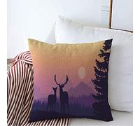 Housse d'oreiller Colline du Lever De Soleil Sauvage Deux Paysages Brouillard Cerf Printemps Debout Crépuscule Conifère Hiver sous Taie Coussin Super Doux Taies Oreiller 45X45 CM