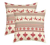 Housse d'oreiller Décorative Joyeux Noël, Lot de 2 Housses de Coussins 50x50 Élan Cerf pour Canapé Maison, Taie d'oreiller Flocon de Neige pour Le Nouvel An, Coussin Décoratifs Lanterne Rouge