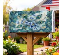 Housses de boîte aux lettres magnétiques avec plumes de paon, élégantes fleurs bleues et fond vert, pour décoration de jardin extérieur, 45,7 x 53,3 cm