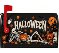 Housses de boîte aux lettres magnétiques sur le thème Halloween squelette | Scène de manoir hantée, enveloppes de boîte aux lettres, citrouilles, feuilles d'automne, figurine de fantôme