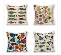 Housses de Coussin 60x60cm Poisson de couleur Taie d'oreiller Décoratives Lot de 4 en Coton et Lin Carré Housse De Coussin pour Chambre de Salon Lit Voiture De La Maison Canapé Home Decor 24x24in