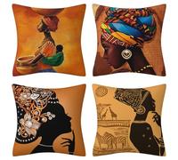 Housses de Coussin 65x65cm Lot de 4 Femme africaine ethnique Carré Décoratif Canapé Housse Coussin Motif Lin Taie d'oreiller Moderne Decor Maison Salon Chambre Chaise Jardin Exterieur Housse Coussin