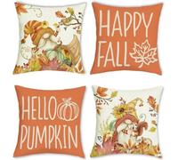Housses de coussin d'automne set de 4 - nains, citrouilles, écureuils et feuilles 45x45 cm - Coussins décoratifs pour la maison et le jardin