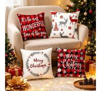 Housses de coussin en lin 45 x 45 cm Motif Père Noël | Motifs rouges festifs, texture peau de pêche douce, taille standard de 45 x 45 cm, idéal pour les canapés