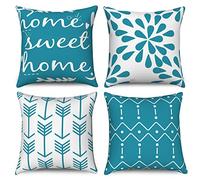 Housses de coussin turquoise et blanc 45x45 set de 4, Hnmdmyi Boho housses de coussin Home Sweet Home Modernes Motifs Géométriques Neutres Housse de coussin en lin décoratif pour canapé lit Home Decor