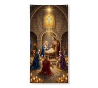 Housses de porte avec citation religieuse de Noël 91,4 x 182,9 cm | Image de la Sainte Famille, toile de fond de porte d'entrée, trois mages, fond d'architecture en pierre