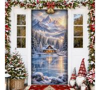 Housses de porte de chalet d'hiver enneigées, 91,4 x 182,9 cm | Montagne enneigée, toile de fond de porte d'entrée, cabine de montagne, lac congelé, forêt de pin, paysage hivernal