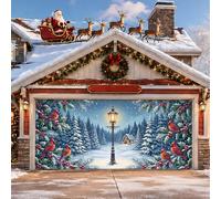 Housses de porte de garage de Noël avec paysage de forêt cardinale, 397 x | Scène de forêt d'hiver, drapeau de porte de garage, branches de pin, lampadaire, paysage enneigé, extérieur saisonnier de la