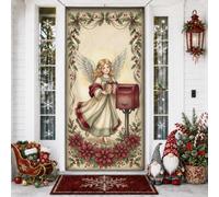 Housses de porte de Noël vintage ange 91,4 x 182,9 cm | Illustration d'ange vintage, panneau de porte d'entrée, accents de houx et de poinsettia, thème d'hiver nostalgique
