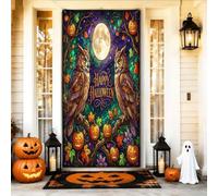 Housses de porte décoratives en forme de chouettes colorées avec citrouilles et lune d'Halloween avec corde pour porche, patio, porte, fête, décoration de fête, 91,4 x 183 cm