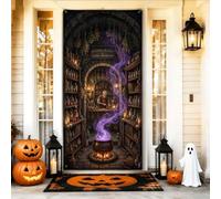 Housses de porte d'Halloween sur le thème du chaudron de magicien | Thème magique, panneau de porte d'entrée, étagères de potion d'apothicaire, cave en pierre mystique, atmosphère fantastique