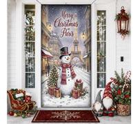 Housses de porte Motif bonhomme de neige Paris Tour de Noël 91,4 x 183 cm | Fond de la tour de Paris, panneau de porte d'entrée, rue enneigée, boîtes cadeaux, atmosphère festive de vacances