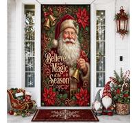 Housses de porte vintage avec citation de Noël Père Noël Believe In Magic | Citation de vacances vintage, panneau de porte d'entrée, accents floraux poinsettia, image classique du Père Noël