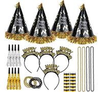 HOWAF 26 Pièces Bonne Année 2027 Nouvel an fête Fournitures Kit de Décorations, Noir Or Happy New Year Chapeaux de Cône Bandeau Cornes Sifflet Colliers, Photobooth pour Fête du Nouvel an Fournitures