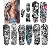 HOWAF Extra Large Temporaire Tatouages 8 Feuilles Bras Complet Faux Tatouages et 3 Feuilles Demi Bras Tatouage Autocollants pour Hommes et Femmes adultes, guerrier loup lion tigre