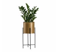 HowHomely Support de fleurs moderne en métal - Hauteur : 55 cm - Avec pot de fleurs rond doré - Diamètre : 21 cm - Sur support noir robuste - Support de plantes de style loft pour la décoration