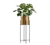 HowHomely Support de fleurs moderne en métal - Hauteur : 75 cm - Avec pot de fleurs rond doré - Diamètre : 21 cm - Sur support noir robuste - Support de plantes de style loft pour la décoration
