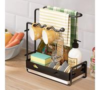 Hoypeyfiy Organisateur d'évier de cuisine avec porte-torchons Sink Caddy Tidy Rack - Outil de rangement pour le rangement de la cuisine - Accessoires éponge - Brosse à récurer - Lingettes (noir)