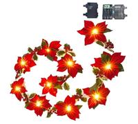 Hperu Décorations de Noël Poinsettia Guirlande de fleurs rouges étanche 6, 6 pieds avec 10 lumières LED fonctionnant à piles pour manteau - Guirlande Noël