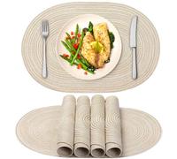 Hperu Lot de 6 Sets de Table ovales, 50, 8 x 35, 6 cm, tissés Beiges et Blancs, isolés thermiquement, décoratifs, lavables et réutilisables en Coton Polyester pour Table Salle à Manger