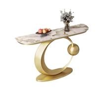 HPIRFYE Table d’entrée Moderne pour Couloir, Console en Pierre frittée, Cadre métallique en Forme de C avec Boule décorative, idéale pour Salon, Hall ou Foyer(Brown+Gold,100cm)