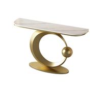 HPIRFYE Table d’entrée Moderne pour Couloir, Console en Pierre frittée, Cadre métallique en Forme de C avec Boule décorative, idéale pour Salon, Hall ou Foyer(White+Gold,100cm)