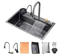 HPTHLY Évier de Cuisine avec Cascade, évier à cuve Unique, avec vidage à Bouton, rinceur de Verre, crépine de vidange et Accessoires, avec Robinet extractible, 68 x 45 x 22 cm