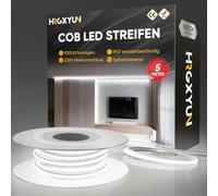 HRGXYUN 230V COB Ruban LED Extérieur, 240 LEDs IP67 Etanche Autocollant, Bande LED 900LM Sans Transformateur Flexible Découpable pour Chambre, Cuisine, Exterieur Décoration, 6500K Blanc froid, 5m