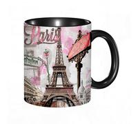 HRRASFAZF Tasse à Café | Tasse Céramique Fine | Cadeau Original | 330ml | Mug avec Anse | Cadeau Original pour Homme et Femme | atercolor Vue de Paris Printemps Tour Eiffel Rose Vintage Street Girl