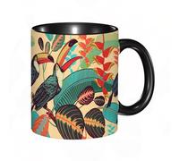 HRRASFAZF Tasse à Café | Tasse Céramique Fine | Cadeau Original | 330ml | Mug avec Anse | Cadeau Original pour Homme et Femme | Oiseaux toucans sur fond de feuilles et de fleurs tropicales. Motif flo