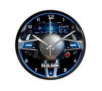 HSAEANZL Horloge murale personnalisée 2D sur le thème du volant de voiture avec nom Mouvement à quartz sans tic-tac Voiture 4S Store et horloge de décoration de chambre du conducteur de course (bleu)
