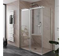 HSK Premium Softcube porte coulissante 2 vantaux avec paroi latérale, dimensions : 140,0 x 80,0 cm, élément fixe gauche, 6842140-L-41-120, Cabines de douche: Aspect chromé : Verre véritable TwinSeal