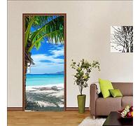 HSKABA Sticker Porte Poster Trompe l'oeil - Plage Ensoleillée avec Palmiers 77 x 200 cm - Décoration Murale Autoadhésif pour Cuisine, Salon, Chambre, Salle de Bain
